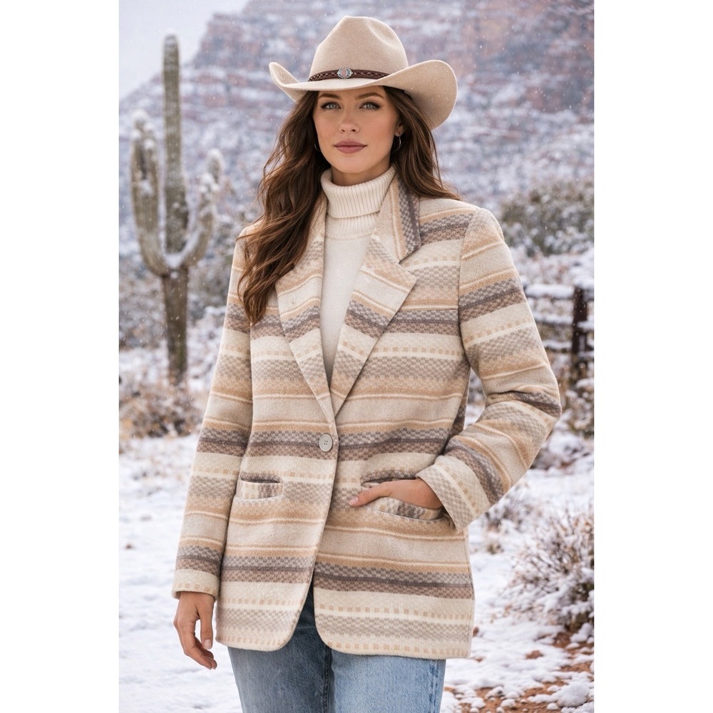 Braetan Khaki Tan Brown southwest print wool blend coat size Large Women Western